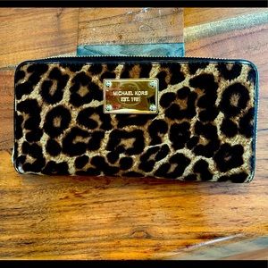 Michael Kors full size calf hair cheetah continental zip wallet